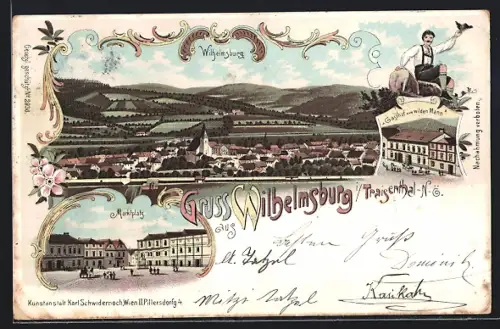Lithographie Wilhelmsburg /Traisenthal, Gasthof zum wilden Mann, Marktplatz, Totalansicht