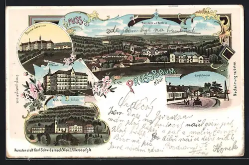 Lithographie Pressbaum / Westbahn, Pensionat Norbertinum, Hauptstrasse, Kirche und Schule