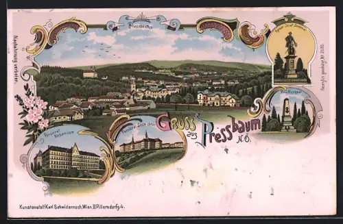Lithographie Pressbaum /N.Ö., Pensionat Norbertinum, Pensionat Sacre coeur, Kaiser-Josef-Denkmal, Prix Denkmal
