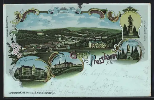 Lithographie Pressbaum, Pensionat Norbertinum, Pensionat Sacre coer, Kaiser-Josef-Denkmal