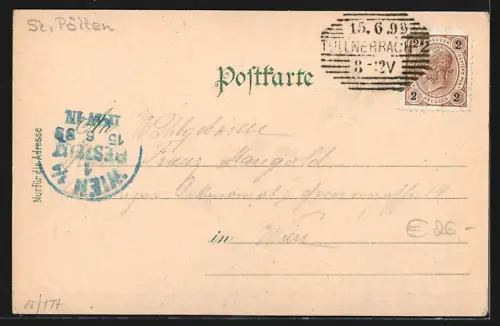 Lithographie Pressbaum, Pensionat Norbertinum, Pensionat Sacre coer, Kaiser-Josef-Denkmal