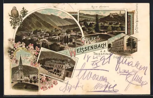 Lithographie Weissenbach a.d. Triesting, Fuggers Fremdenheim, Triestingheim, Herz-Jesu-Kirche, Ruine Neuhaus