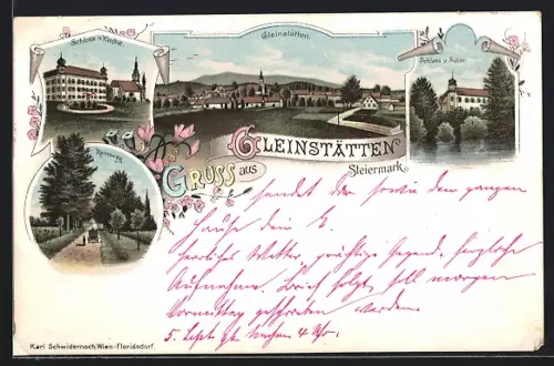 Lithographie Gleinstätten /Steiermark, Schloss und Kirche, Rennweg, Totalansicht