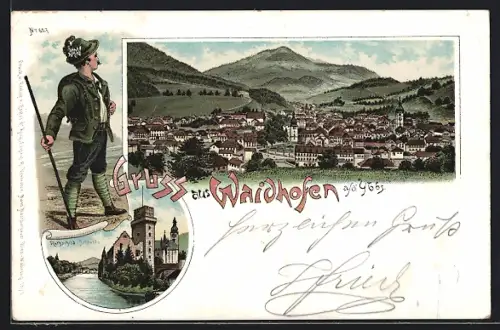 Lithographie Waidhofen a. d. Ybbs, Rothschild-Schloss, Ortsansicht gegen die Berge