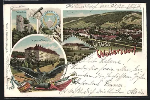 Lithographie Wöllersdorf, Franz Josephs Kaserne, Höllenthurm, Kaserne am Wasser