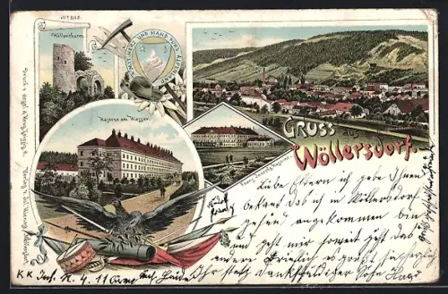 Lithographie Wöllersdorf, Franz Josephs Kaserne, Kaserne am Wasser, Höllenturm