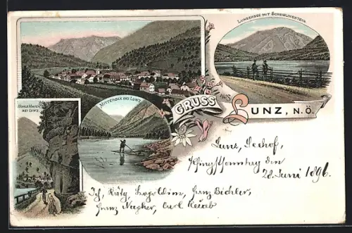 Lithographie Lunz /N. Ö., Lunzersee mit Scheiblingstein, Mittersee, Hohle Mauer