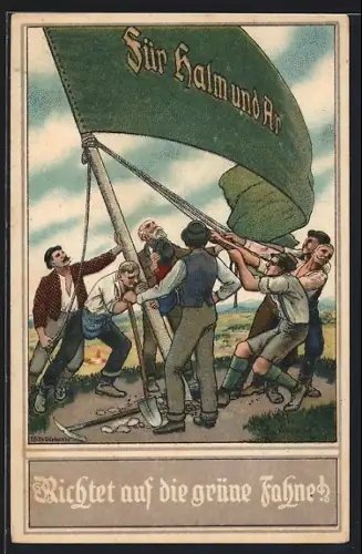 Künstler-AK Graz, Germanischer Bauern- und Landvolkskongress Graz 1921, Bauern richten die grüne Fahne auf