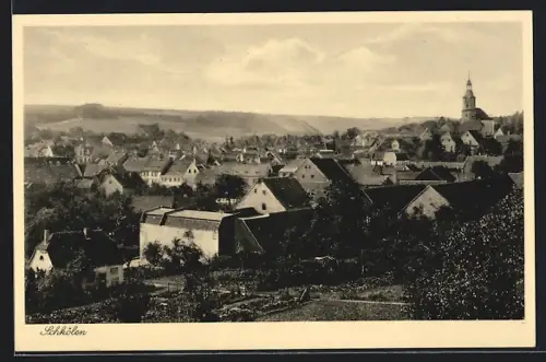 AK Schkölen i. Th., Ortsansicht aus der Vogelschau