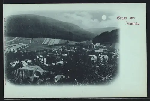 Mondschein-AK Ilmenau / Thüringen, Ortsansicht aus der Vogelschau