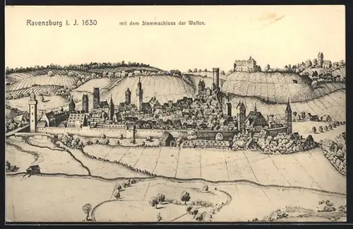 AK Ravensburg / Württ., Stadtansicht 1630, Stammschloss der Welfen