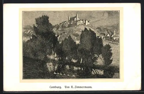 Künstler-AK Comburg, Totale des Ortes mit der Burg
