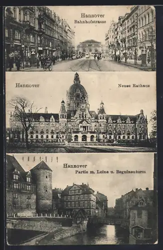 AK Hannover, Bahnhofstrasse, Neues Rathaus, Partie mit Leine und Beguinenturm