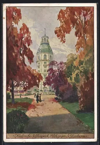 Künstler-AK Karlsruhe, Schlosspark, Blick gegen Schlossturm
