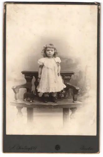 Fotografie A. Jandorf & Co., Berlin, S.W. Bellealliancestr. 1/2, kleines Mädchen mit Hundepuppe samt Maulkorb