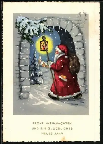 AK Weihnachtsmann mit Laterne im Schnee