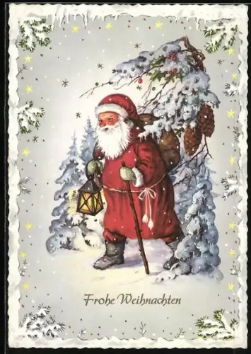 AK Weihnachtsmann im verschneiten Wald
