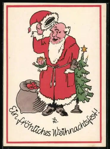 AK Weihnachtsmann mit Spielzeug und Äpfeln