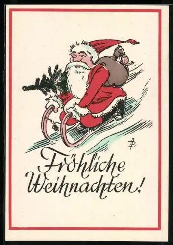 AK Fröhliche Weihnachten, Weihnachtsmann auf einem Schlitten