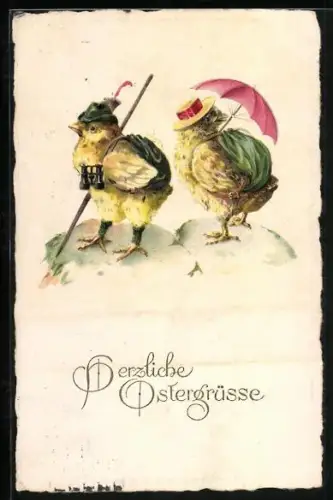 AK Bergsteigende Osterküken mit Fernglas und Sonnenschirm