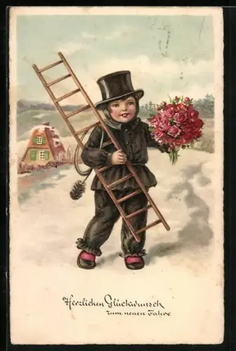 AK Kleiner Schornsteinfeger mit Rosenstrauss vor verschneitem Dorf, Neujahrsgruss