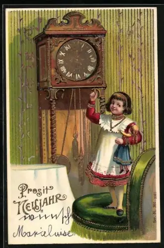 Lithographie Mädchen steht vor einer Uhr, Prosit Neujahr