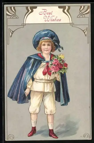 Künstler-AK Junge mit Blumenstrauss, Best Wishes
