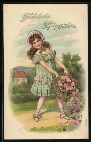 Künstler-AK Mädchen mit Korb voll Rosen, Fröhliche Pfingsten
