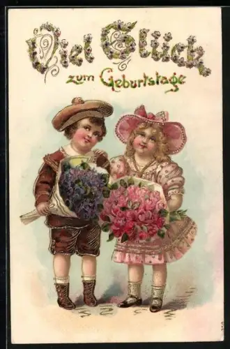 Künstler-AK Zwei Kinder mit grossen Blumensträussen Viel Glück zum Geburtstage