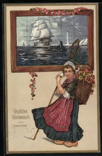Künstler-AK Segelschiff und Neujahr, Mädchen in Tracht und Neujahrsgruss