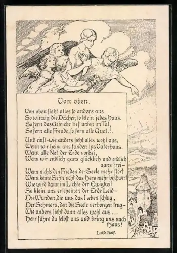 Künstler-AK Engel über einem Ort, Gedicht Von Oben von Luise Rolf