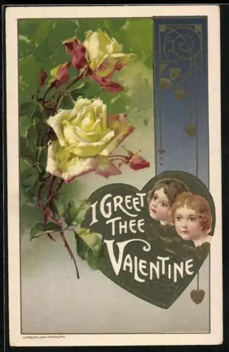 Künstler-AK Gelbe Rosen in voller Blüte mit einem goldenen Herz, I greet thee Valentine