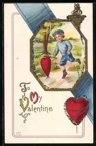 Präge-AK Junge mit einem Herz auf einem Waldweg, To my Valentine