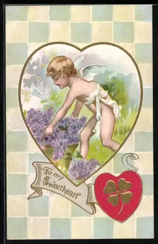 Künstler-AK Engel bringt einen grossen Korb voller Blumen, To my Sweetheart