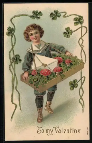Künstler-AK Junge mit Tablett voller Klee und Pilze, To my Valentine