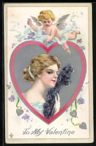 Künstler-AK Dame in einem herzförmigen Rahmen, Engel mit Blumen, To My Valentine