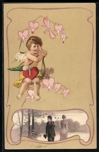 Lithographie Weinender Amor sitzt auf Blüten, Paar geht getrennte Wege