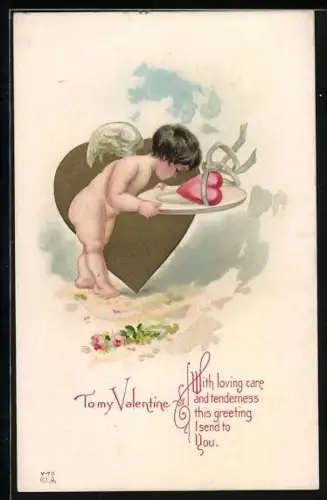 Präge-AK Engel bringt einen Teller mit Herz, To my Valentine