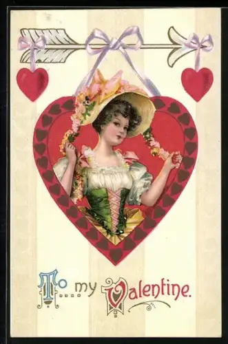 Künstler-AK Dame in einem herzförmigen Rahmen, To my Valentine