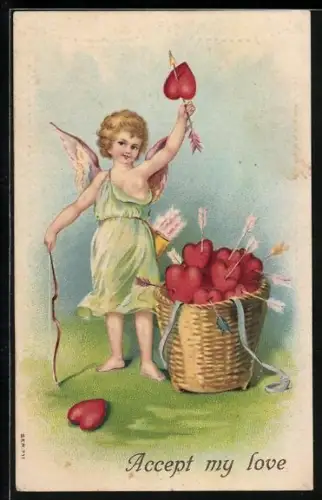 Künstler-AK Amor mit Pfeil, Bogen und Korb voller Herzen, Accept my love