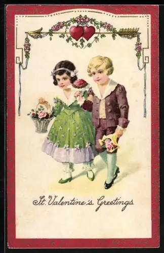 Künstler-AK Junges Paar spaziert mit Blumensträussen, St. Valentine`s Greetings
