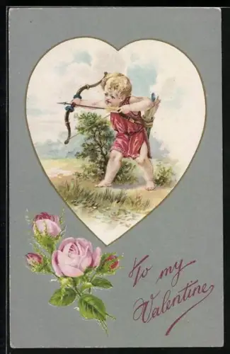 Künstler-AK Amor steht in einem Feld und zielt, rosane Rosen, To my Valentine