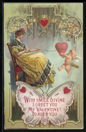 Präge-AK Dame zieht ein Herz mit Amor näher zu sich heran, With Smile Divine I Greet You My Valentine