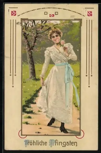 Künstler-AK Dame mit Rose auf einem Feldweg, Fröhliche Pfingsten