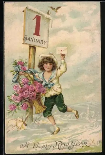 Präge-AK Kleiner Matrose bringt Blumen und Brief, Kalenderblatt 1 January, A Happy New Year