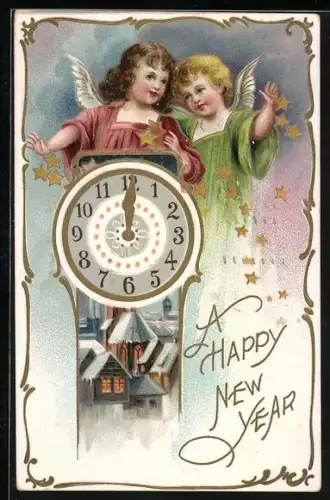 Präge-AK Zwei Neujahrsengel über einer Uhr zu Mitternacht, A Happy New Year