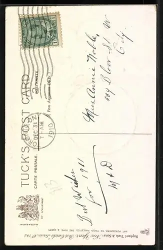 Präge-AK Zwei Neujahrsengel über einer Uhr zu Mitternacht, A Happy New Year