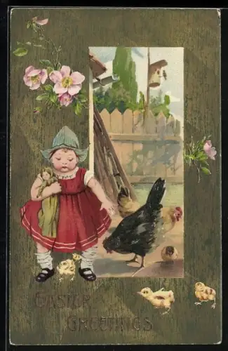 Künstler-AK Kleines Mädchen mit Osterküken und Hennen, Easter Greetings