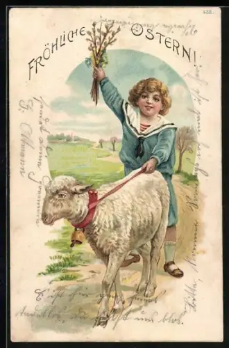 Lithographie Fröhliche Ostern!, Knabe mit Schaf und Weidenkätzchen