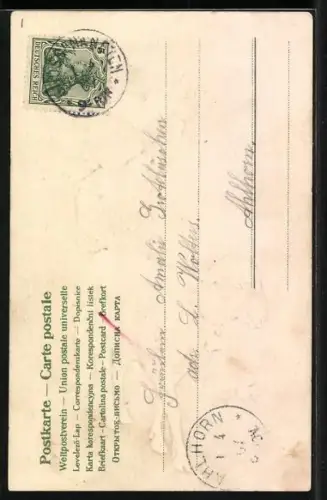 Lithographie Fröhliche Ostern!, Knabe mit Schaf und Weidenkätzchen